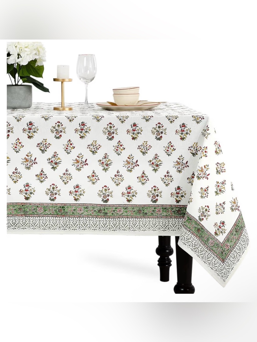 CPC Block Print Tablecloth Fall Green 90"x60" Rectangular 100% Cotton